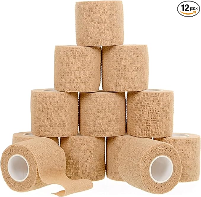 12 Pack Self-Adhesive Bandage Wrap - 2 Inches x 5 Yards - Elastic Self Adherent Cohesive Wrap Bandage - Breathable Athletic Tape for Wrists, Knee, and Ankle - First Aid Sports Wrap - Brown-PawvioPets
