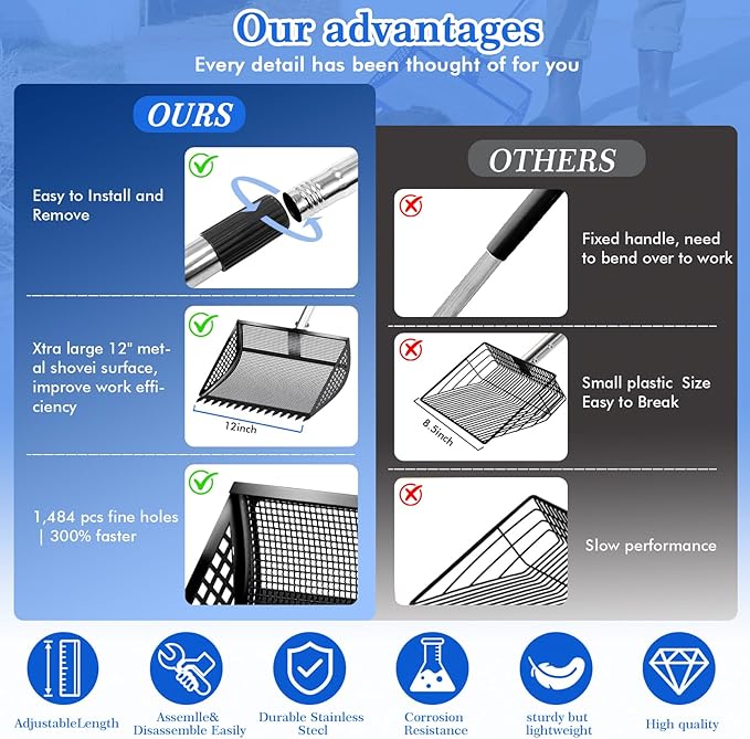 12 Inch Chicken Poop Scooper & Rake 2-in-1, Large Metal Shovel Head, Rubber Handle Stainless Steel Chicken Litter Scoop for Chicken Coops, Litter Screening Scoop (35 to 65in) US Patent Pending (Black)-PawvioPets