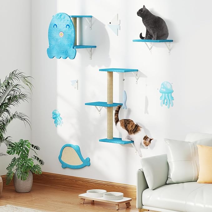 COZIWOW 4-Piece Wall-Mounted Cat Tree Set – Sturdy Wood Pet House, Scratching Board, Platforms, Sisal Posts & Blue Fish Charm – Ocean Blue-PawvioPets