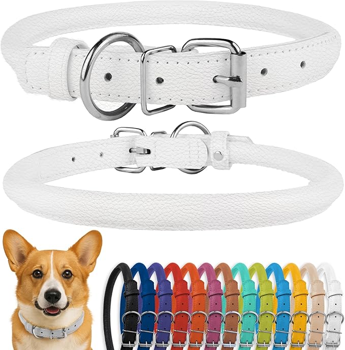 CollarDirect Rolled Leather Dog Collar, Soft Padded Round Puppy Collar, Handmade Genuine Leather Collar Dog Small Large Cat Collars 13 Colors (13-16 Inch, White Textured)-PawvioPets
