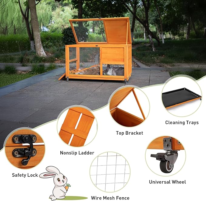 COZIWOW Fashionable Wood 36Inches Rabbit Hutch Indoor with Wheels Bunny Cage Outdoor Fashion Rabbit Cage with Clean Tray, Openable Roof, Anti-Slip Ramp for Small Bunny Rabbit (Orange)-PawvioPets