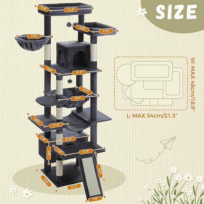 81 Inch Tall Cat Tree for Big Cats & Multi-Cat Homes, Large Heavy Duty Cat Tower with Metal Frame Hammock, 6 Scratching Posts, 2 Condos, 2 Perches, Scratching Pad - Dark Grey-PawvioPets