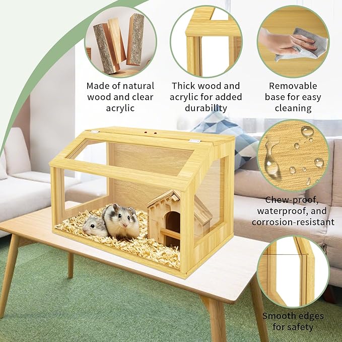 24" Wooden Hamster Cage, Chewproof Gerbil Cages and Habitats, Openable Top Roof Window with Silencing Pad, Guinea Pig Cage for Small Animals, Dwarf and Syrian Hamster, 24 x 16 x 16 Inches-PawvioPets