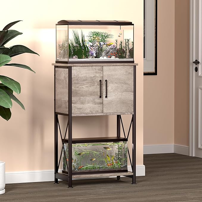 5-10 Gallon Fish Tank Stand, Metal Double Aquarium Stand with Cabinet for Fish Tank Accessories Storage, Heavy Duty 20.5" L* 11.02" W Tabletop, 500LBS Capacity Grey PG06YGZ-PawvioPets