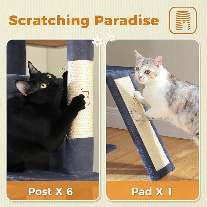 81 Inch Tall Cat Tree for Big Cats & Multi-Cat Homes, Large Heavy Duty Cat Tower with Metal Frame Hammock, 6 Scratching Posts, 2 Condos, 2 Perches, Scratching Pad - Dark Grey-PawvioPets