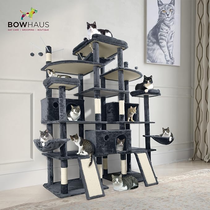 Extra Large 80-Inch Tall Cat Tree w/Widened Perch for Large Cats, Big Cat Tower Indoor, Modern Multi-Level Activity Tower with Scratching Posts, Condos, Baskets, Hammock, Scratching Ramps-PawvioPets