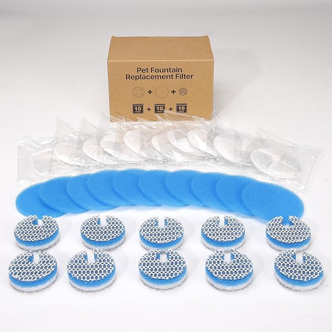 10 Set Cat Water Fountain Filters for 2L/67oz Round Stainless Steel Pet Water Fountain, ZEKIRY Pet Water Fountain Filters, Triple Filtration Replacement Filters(10 Filter, 10 Sponge, 10 8D Sponge)-PawvioPets