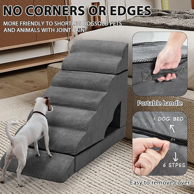 Foam Dog Stairs & Steps Ramps for High Beds 30-36 inches High Tall Large Dogs, LitaiL 7 Step Pet Stairs Steps for High Beds 30 inch Small Dogs, Non-Slip Dog Ramps for Bed-PawvioPets