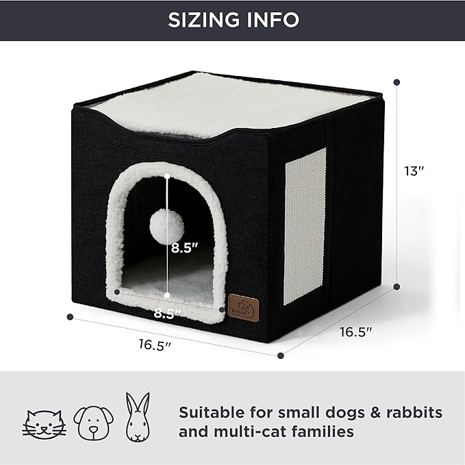 Bedsure Cat Beds for Indoor Cats - Large Cat Cave for Pet Cat House with Fluffy Ball Hanging and Scratch Pad, Foldable Cat Hideaway, 16.5x16.5x13 inches, Black-PawvioPets