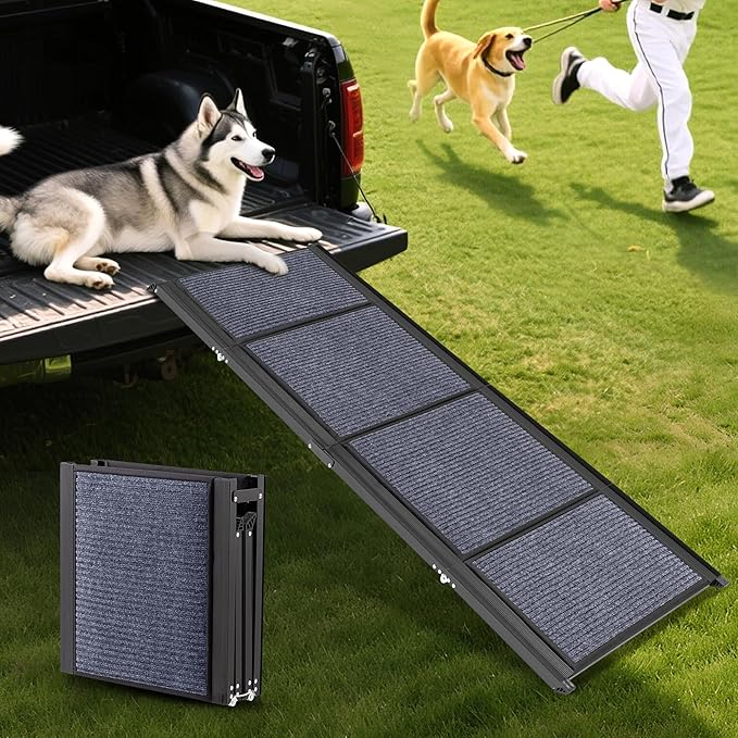 AQUILLA Dog Ramp for Car, 63" Folding Portable Dog Ramp with Non-Slip Rug Surface, Extra Wide Pet Ramps for Cat & Dogs Get on Bed, Cars, Stairs,Pick Up Trucks, Up to 250LBS (63" L x 17.3" W)-PawvioPets