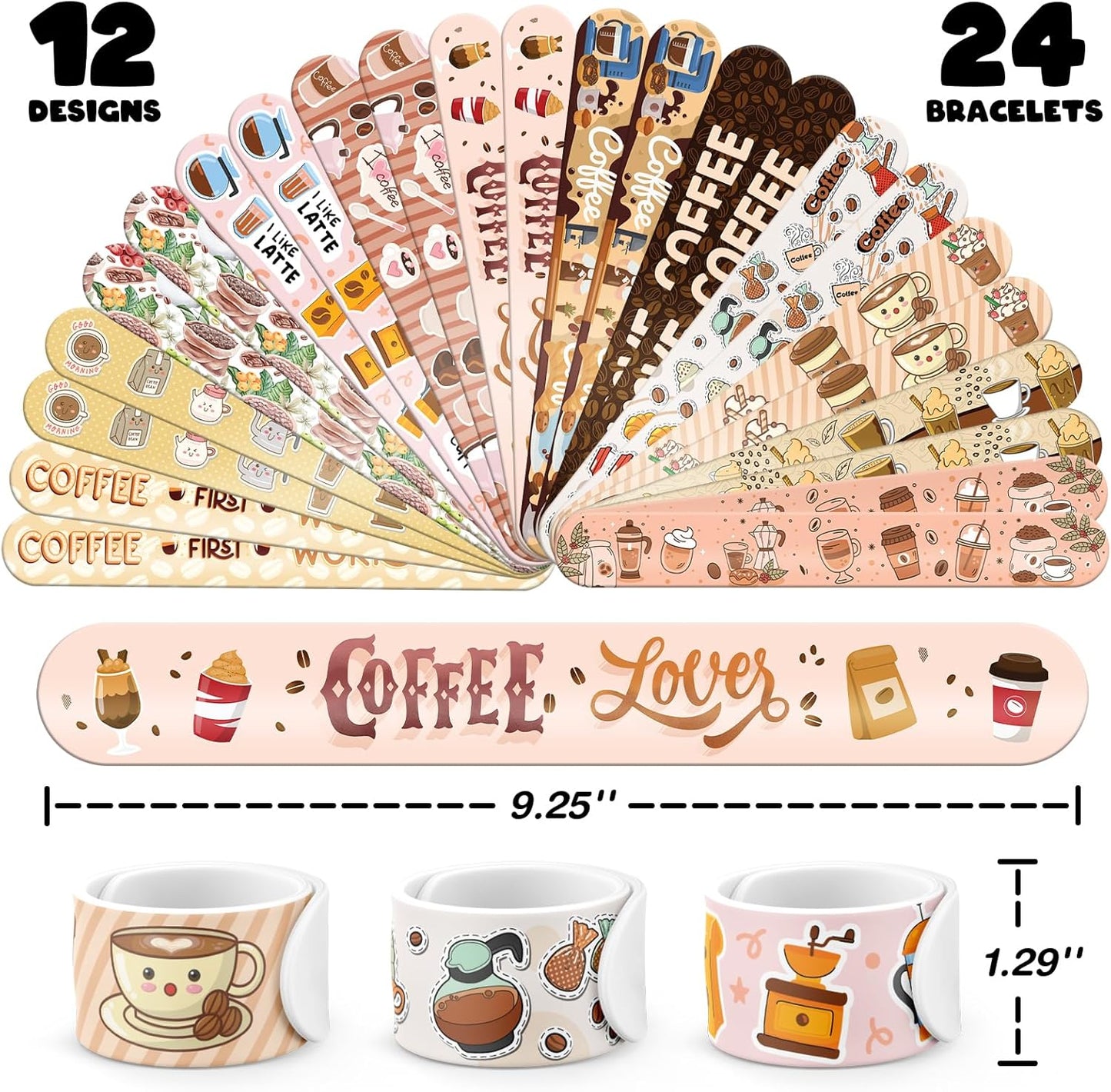 96 PCS Coffee Party Favors Set – 72 Pre-Cut Temporary Tattoos & 24 Slap Bracelets for Kids & Adults, Perfect for Coffee Lovers, Cafés, Birthday Parties & Classroom Rewards