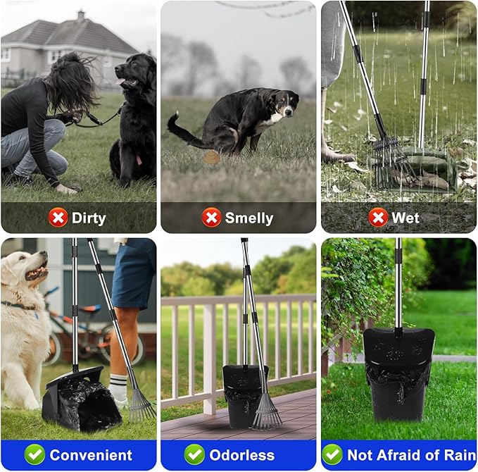 Dog Pooper Scooper with 20 Bag Attachment Long Handle Swivel Bin, Rake Heavy Duty Pooper Scooper for Large Medium Dogs Easy to Clean Poop Scooper for Yard, Grass, Gravel-PawvioPets