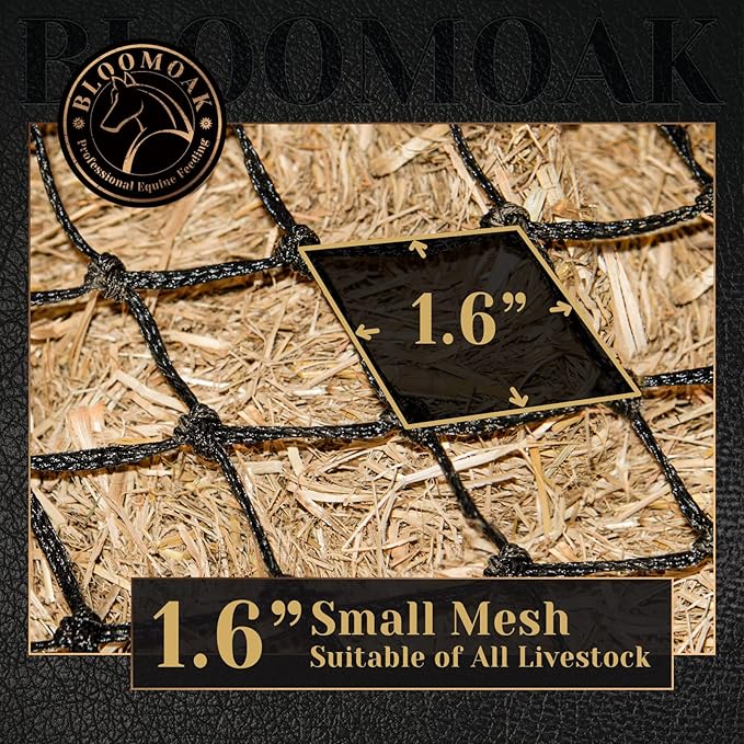Bloomoak Slow Hay Net Feeder for Horses, Durable Soft Black PE 2/3 String Hay Bales Bags, Fit 36x18x18 to 47x25x17 Inches, Extends 50-64 Inches (2 1.6" Hole/1PC)-PawvioPets