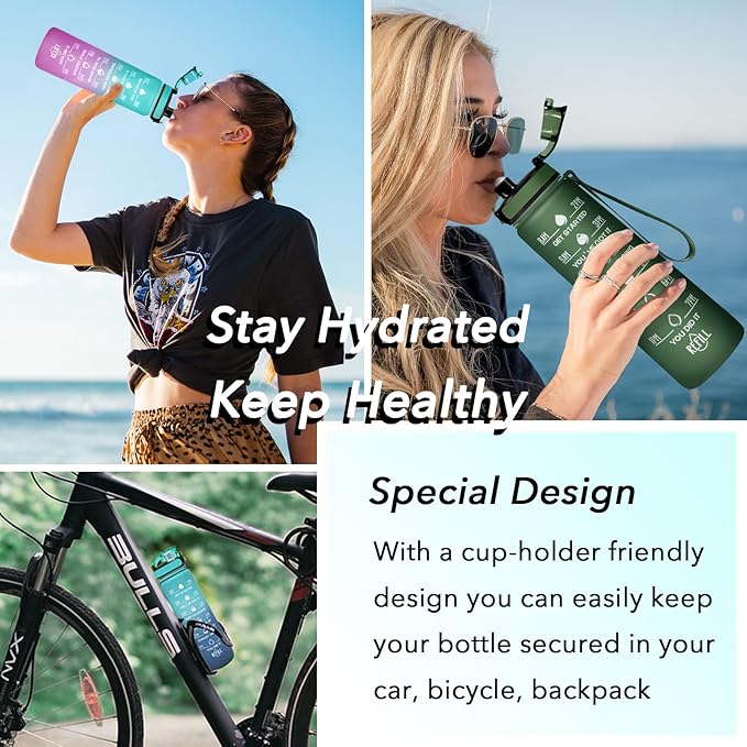 Enerbone Water Bottle, Leakproof BPA & Toxic Free, Motivational Water Bottle with Times to Drink and Straw, Fitness Sports Water Bottle with Strap for Office, Gym, Outdoor Sports-PawvioPets