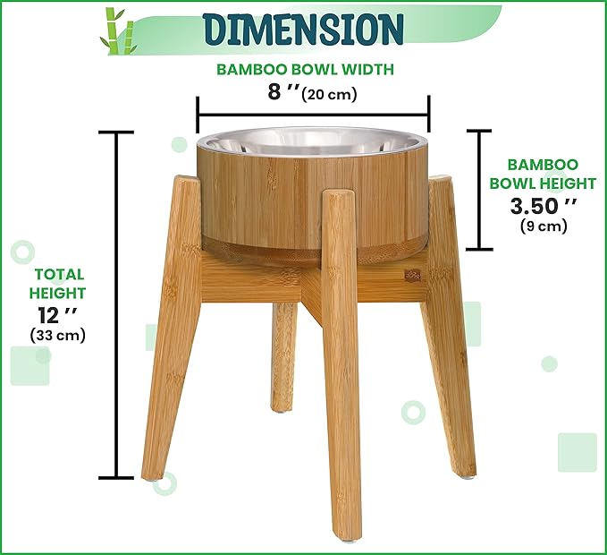 Dog Bowls Elevated, 12-inch High, 5-Cup Cap - Set of Bamboo Holder, Stainless Inner Dish and Stand - Ideal for Medium to Large Breeds - All-Detachable Parts-PawvioPets