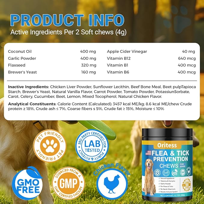 Flea and Tick Prevention for Dogs, 180 Soft Chews Natural Dog Flea and Tick Chewables Oral Flea Supplement for Dogs, Puppy Flea Support - All Breeds & Ages - Chicken Flavor-PawvioPets