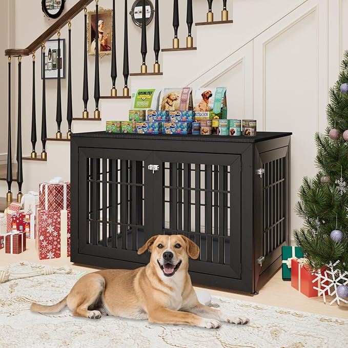 48" Heavy Duty Dog Crate Furniture for Small,Medium and Large Dogs,Rustic Wooden Dog Cage Kennel Indoor Furniture with Waterproof Top,Decorative Pet House Side End Table (Black)-PawvioPets