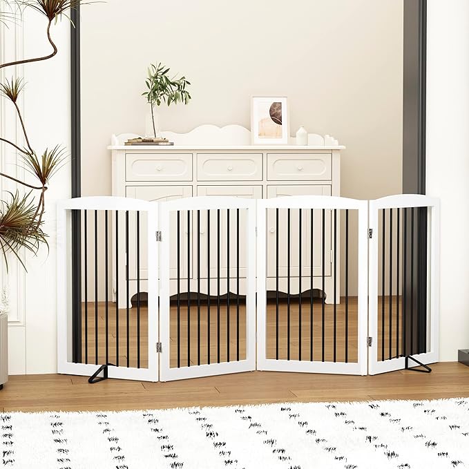 Freestanding Pet Gate - Foldable Wooden Dog Gate, 80 Inch Wide, 4 Panels, White-PawvioPets