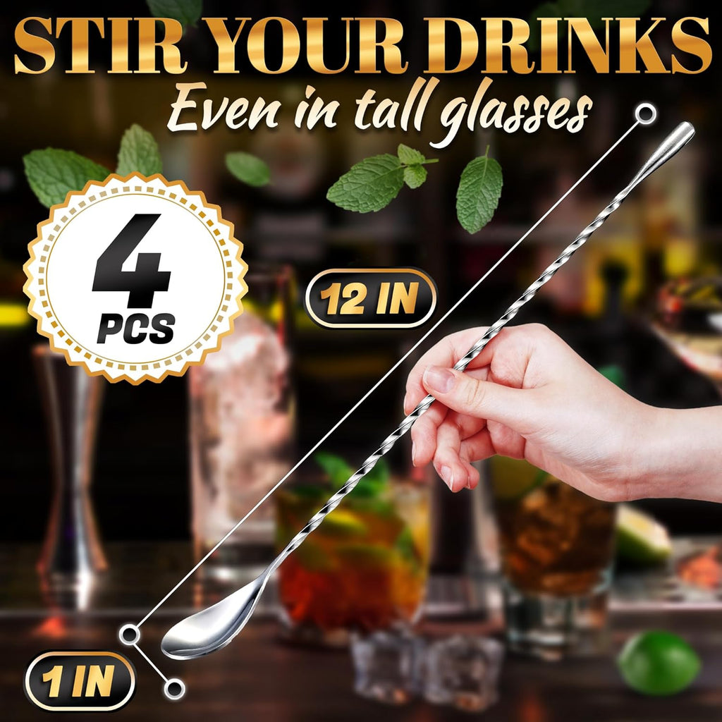 4 Pcs Bar Spoon Cocktail Stirrers – 12'' Long Spoons for Stirring | Stainless Steel with Polished Surface, Easy to Clean – Professional & Home Use, Practical Gift for Drink Mixing Lovers Caviar Spoons