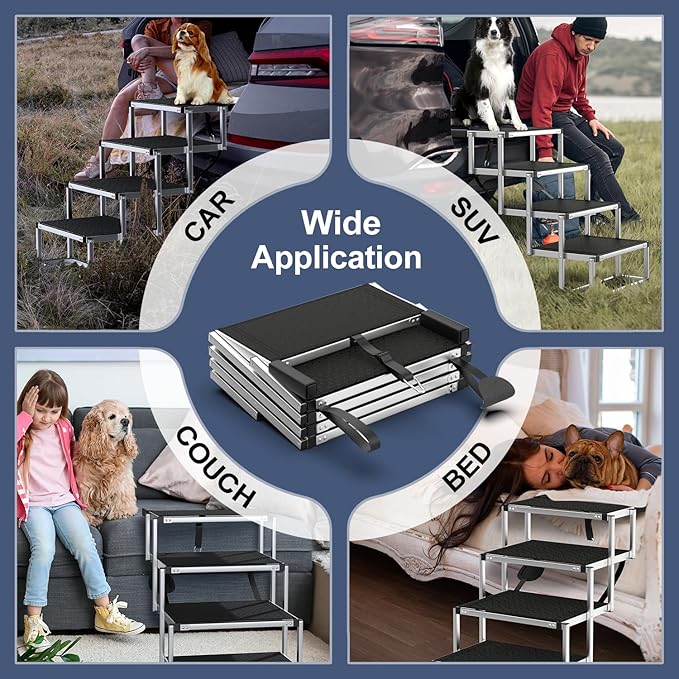 Dog Stairs for Car, Foldable Dog Ramp for Car with Non-Slip Surface, Portable Stairs Aluminum SUV, High Beds, Truck, Supports up to 150 lbs, 4 Steps-PawvioPets