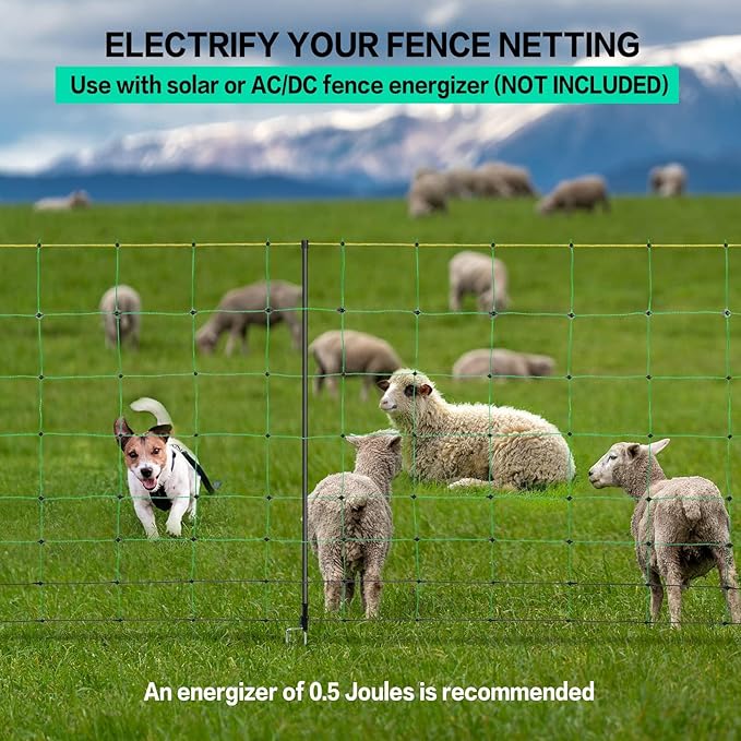 Electric Fence Netting, 49.6" H x 164' L, PE Net Fencing Kit with 14 Posts Double Spiked, Utility Portable Mesh for Sheep Hogs Goats Deer Dogs Lambs Used in Backyards Farms Ranches Patio, Green-PawvioPets