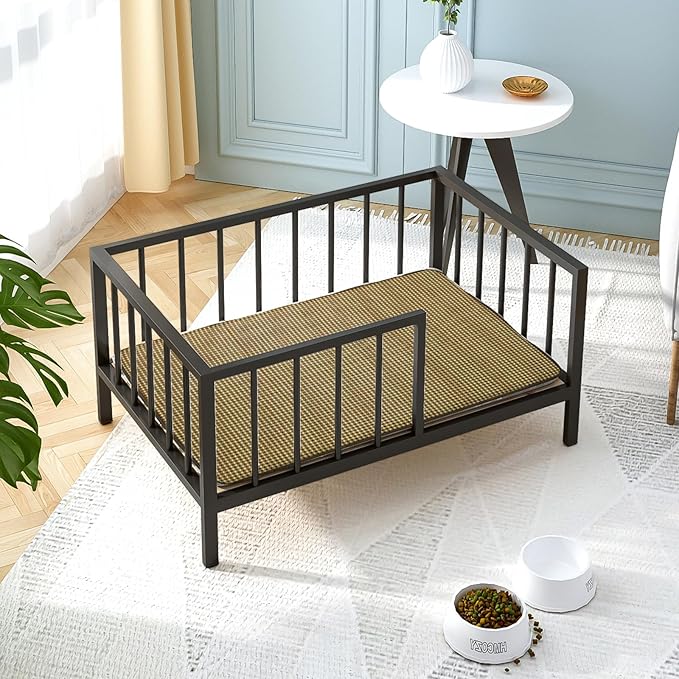 Dog Bed with Rails - Elevated Pet Metal Bed Frame with Solid Wood Board and Washable Soft Mat for Medium Dog Indoor or Outdoor Use, 25.2" x 37.8", Black-PawvioPets