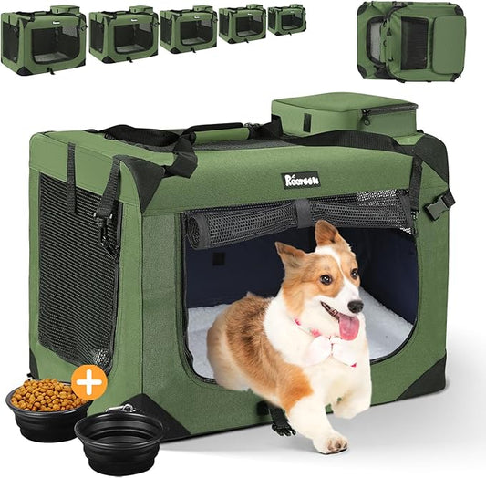 Extra Large Dog Crate with 2 Foldable Bowl, 36 Inch Collapsible Travel Dog Crate Kennel with Soft Blanket for Medium Dogs,Indoor & Outdoor (36" L x 25" W x 25" H, Green)-PawvioPets