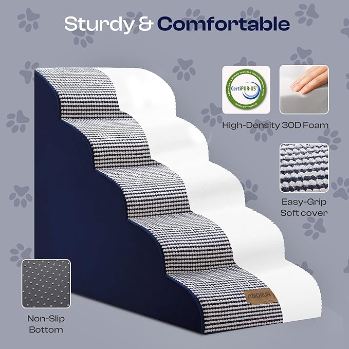 Curved Dog Stairs for High Bed Up to 26", 5-Step Dog Ramp for Small Dogs with Washable Cover, Non-Slip Steps for Cats to Get on Couch and Sofa, Durable Foam Ladder for Medium Breeds, White Navy-PawvioPets