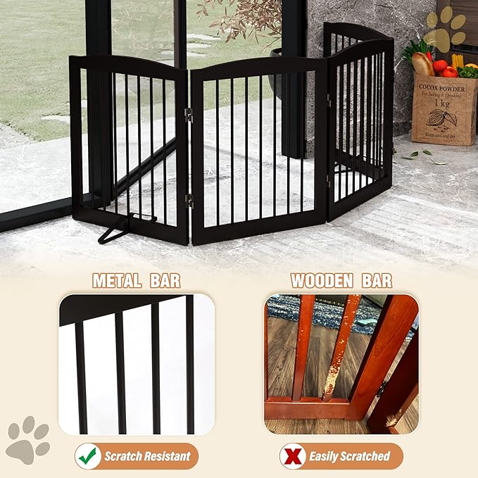 Freestanding Pet Gate for Dogs, Foldable Wooden Dog Gate for House, Indoor Dog Gate for Stair, Doorway, Gates for Dogs Indoor, 80 Inch Wide, 4 Panels 24",Brown-PawvioPets