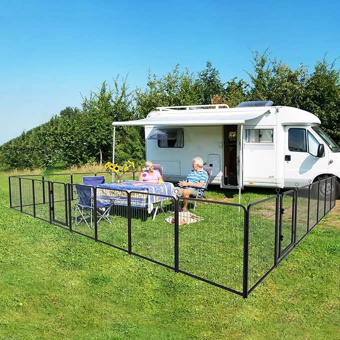 Dog Playpen Outdoor Extra Wide 32 Panels Heavy Duty Dog Fence 32" Height Anti-Rust with Doors Portable for RV Camping Yard, Total 84FT, 561 Sq.ft, Snowy Black-PawvioPets