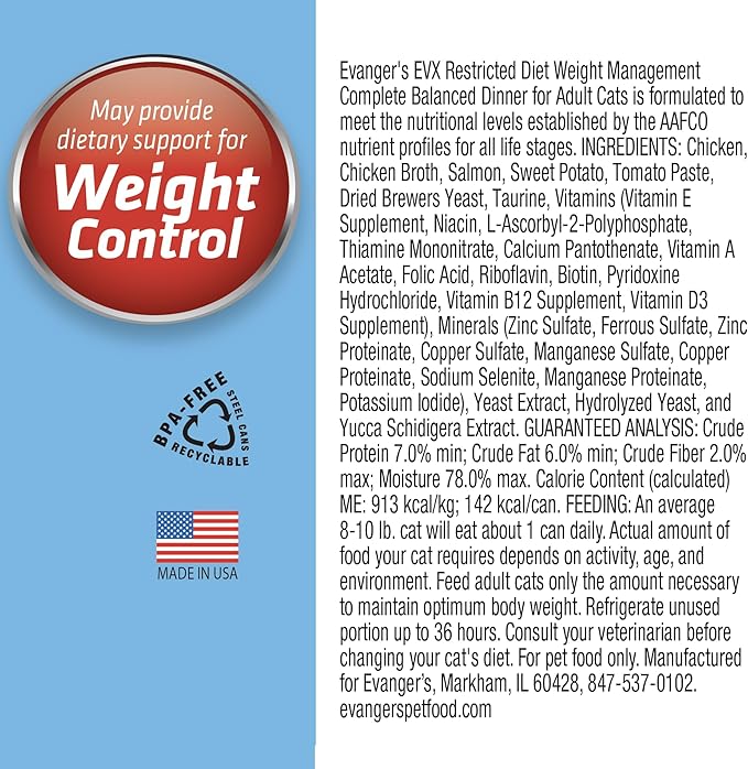 Evanger’s EVX Restricted Diet Weight Management Canned Cat Food – 24 Count, 5.5 oz Cans Each – Chicken, Salmon & Sweet Potato Recipe – Grain Free, Limited Ingredients, Pâté Style-PawvioPets