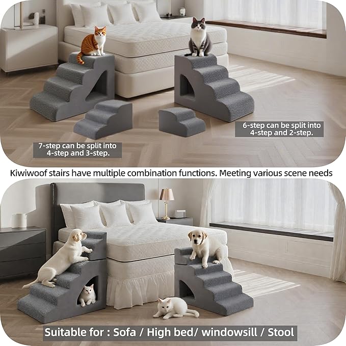 7 Step Pet Stairs Ramp for High Beds Sofas 22-42 Inch, Non-Slip Dog Stairs for Small Old Medium Large XL Dogs Cats, Sturdy 75 Pounds 33D Foam Balanced 6-Tier Ladder with Machine Washable Cover-PawvioPets