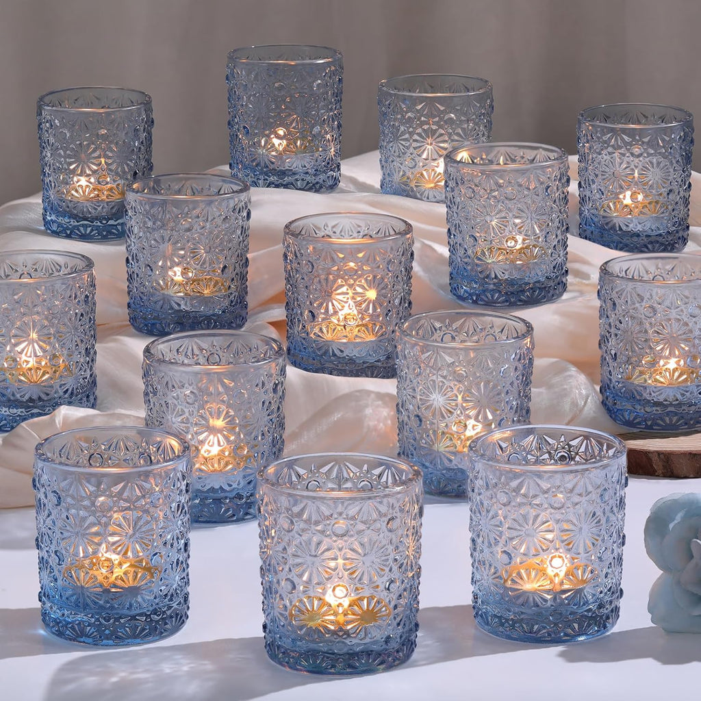 Blue Votive Candle Holder Set of 36, Flower Tea Lights Candles Holders for Wedding Table Centerpieces, Birthday Parties, Home Decor, Blue Bridal Shower and Holiday Decorations