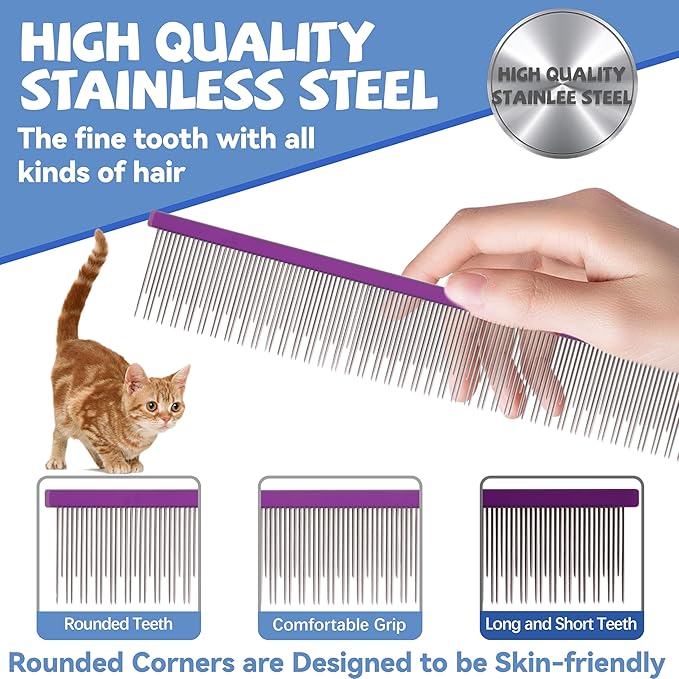 8.5 Inch Dual Tooth Pet Comb for Mats and Tangles,Poratable Grooming Dematting Comb for Indoor Long-haired Cats and Dogs,Pet Family Supplies,Removing Tangles,Knots,Undercoat and Excess Hair-PawvioPets