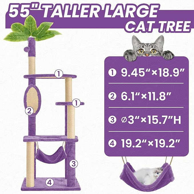 55 Inch Large Cat Tree Tower for Indoor Cats with Hammock Green Leaves Sisal Scratching Post, Plush Hang Ball Play Furniture for Kittens & Adult Cats, New Purple-PawvioPets