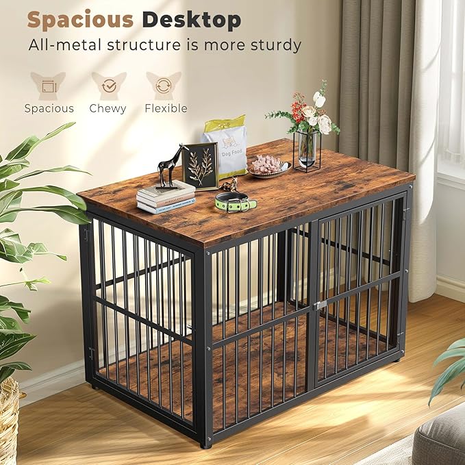 43'' Dog Crate Furniture with 3 Doors, XL Wooden Crate End Table Heavy Duty Indoor Puppy Cage for Medium to Large Dogs, Multiple Units Can be Combined-PawvioPets