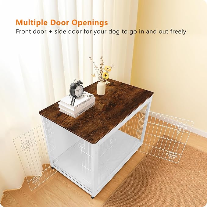 DWANTON Dog Crate Furniture with Cushion, Wooden Kennel Table with Double Doors, Indoor Dog House, Large Size, 38.5" L, White+Rustic Brown-PawvioPets