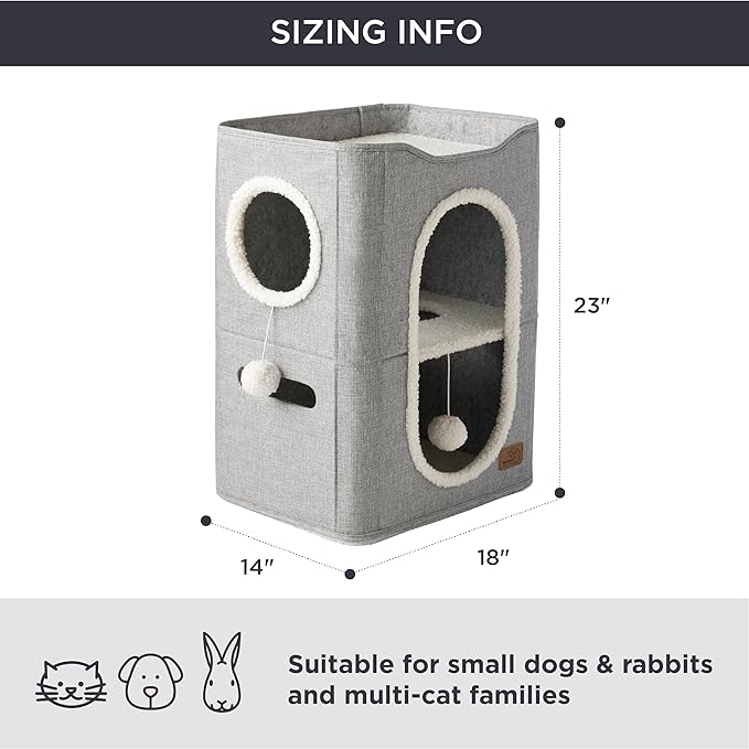 Bedsure 2 Story Cat House - Cat Condos for Indoor Cats with Scratch Pad and Fluffy Ball Hanging, Small Pet Cave Furniture Hideaway for Multi Pets, 18x14x23 inches, Grey-PawvioPets