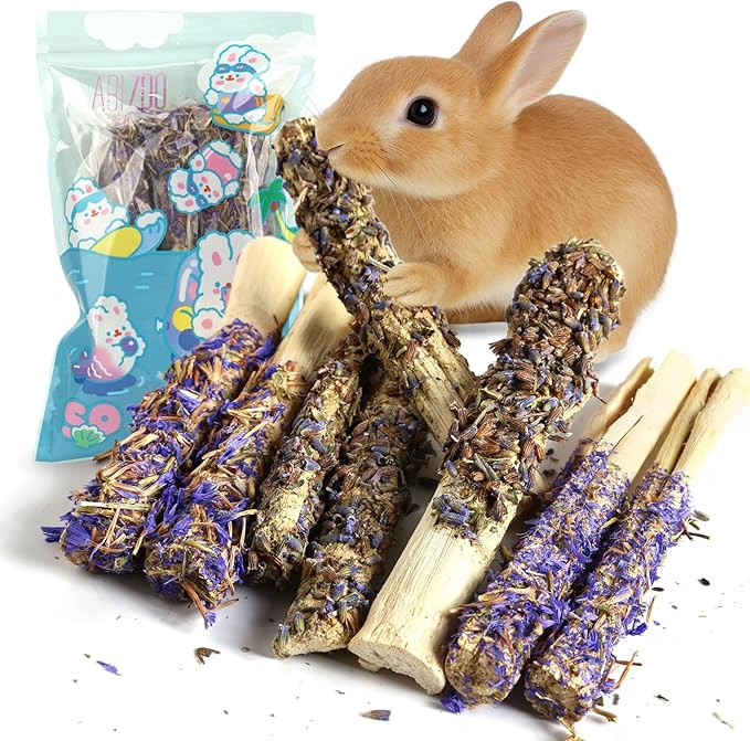 Abizoo Sweet Bamboo Rabbit Chew Sticks Treats and Toys 8Pcs Natural Hay with Forget-Me-Not Lavender for Bunny Guinea Pig Chinchilla Dental Care-PawvioPets
