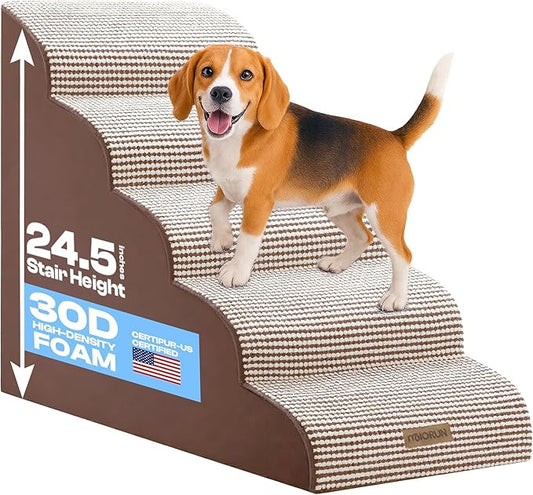 Curved Dog Stairs for High Bed Up to 26", 5-Step Dog Ramp for Small Dogs with Washable Cover, Non-Slip Steps for Cats to Get on Couch and Sofa, Durable Foam Ladder for Medium Breeds, White Coffee-PawvioPets