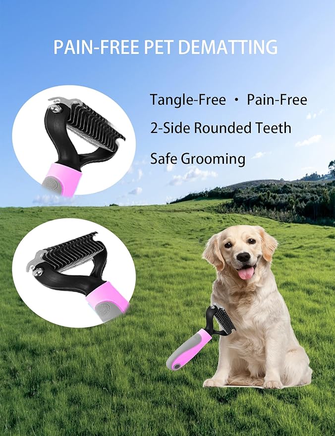 6ps Dog Cat Brush Grooming Kitf, Dog Cat Brushes, Bath Brush, Dematting Rake and Comb, Nail Clipper, Nail File, Flea Comb (Pink 6 Kits)-PawvioPets