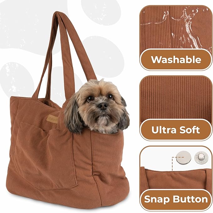 Corduroy Dog Carrier - Lightweight Cotton Soft-Sided Pet Tote with Safety Harness Clip - Breathable Travel Carrier for Small Dogs and Puppies (Brown)-PawvioPets
