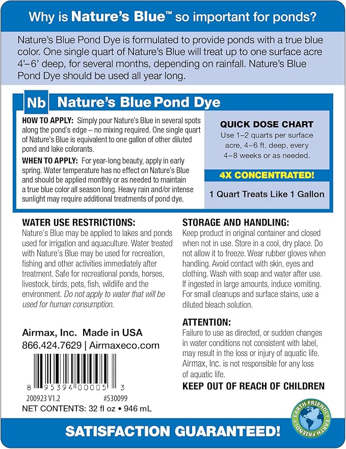 Airmax Nature's Blue Pond Dye 4X Concentrate for Outdoor Ponds & Lakes, Natural Pond Colorant & Beauty Enhancer, Block Ultraviolet Rays, Fish, Bird & Livestock Safe, Easy Liquid Application, 1 Quart-PawvioPets