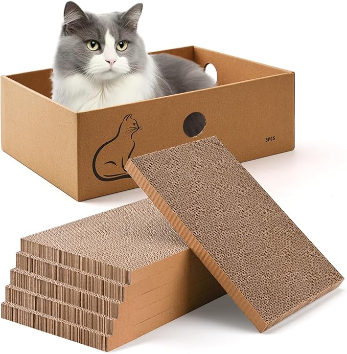 AUSCAT Cat Scratcher Box with 6PCS Cat Scratching Board, Cardboard Cat Scratchers for Indoor Cats, Reversible Cat Scratch Pads for Small Medium Kittens, 14.6" L x 10.9" W x 5.2" H-PawvioPets