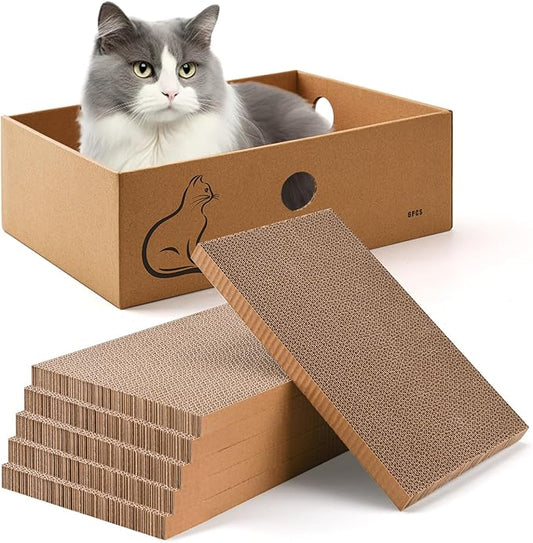 AUSCAT Cat Scratcher Box with 6PCS Cat Scratching Board, Cardboard Cat Scratchers for Indoor Cats, Reversible Cat Scratch Pads for Small Medium Kittens, 14.6" L x 10.9" W x 5.2" H-PawvioPets