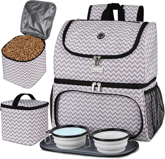 BAGLHER Pet Travel Bag, Double-Layer Pet Supplies Backpack (for All Pet Travel Supplies), Pet Travel Backpack with 2 Silicone Collapsible Bowls and 2 Food Baskets BLW-PawvioPets