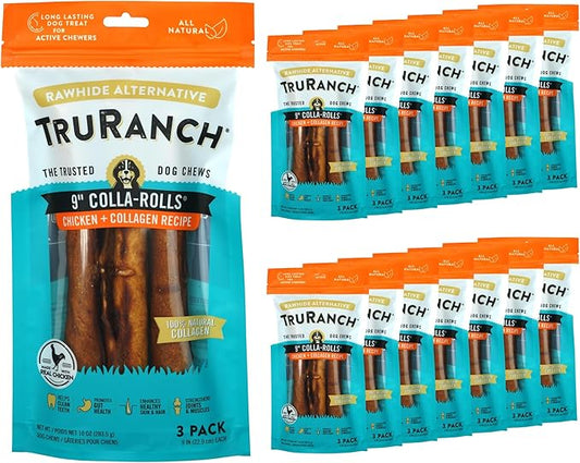 Collagen Rolls - 9" Collagen Rolls for Dogs - Long Lasting Healthy Joint Support - Rawhide Alternative - Skin & Coat Health - Made with Real Chicken, Value Pack, 15 Bags, 45 Count-PawvioPets
