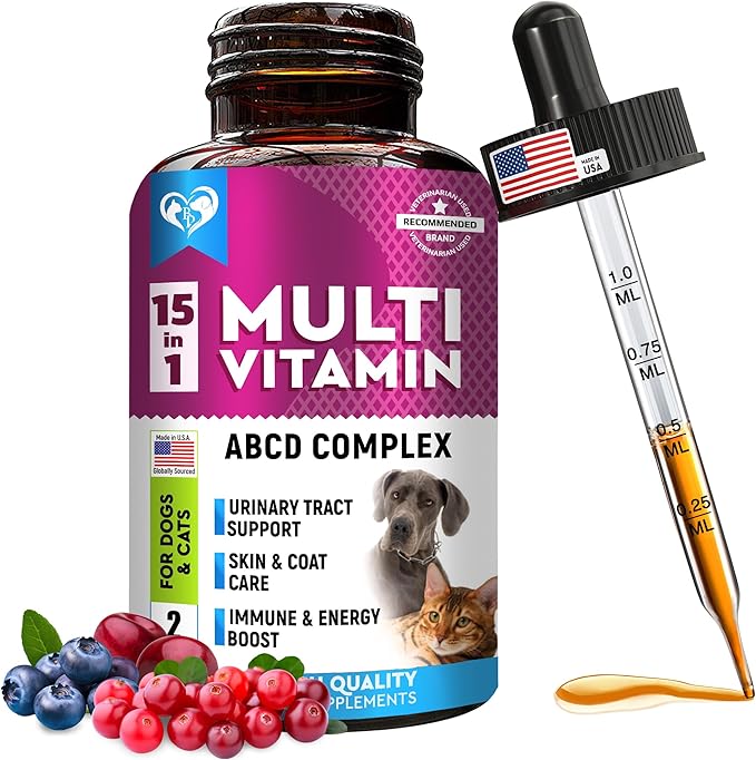 Cat & Dog Multivitamin Liquid with Glucosamine & Cranberry | 15 in 1 Health Supplements for Urinary Tract Kidney, Bladder, Hip & Joint, Skin & Coat | Natural UTI Medicine Made in USA (60 ml)-PawvioPets