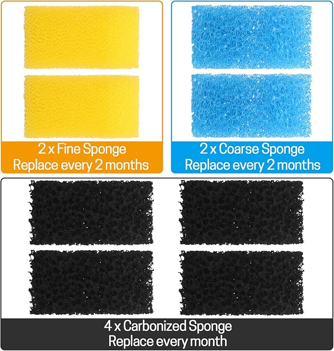 AquaMiracle Aquarium Filter Replacement Sponge, Fish Tank Filter Replacement Parts, Including 2 x Coarse Sponge, 2 x Fine Sponge & 4 x Carbonized Sponge (for Model: QF088/QF188/QF288)-PawvioPets