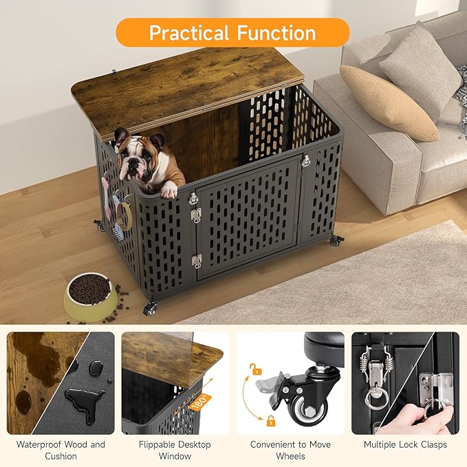 Dog Crate with Cushion, 38" Wood Heavy Duty Dog Crate Furniture with Flip Top & Wheels for High Anxiety Dogs, Escape Proof Pet Cage for Small/Medium Dogs-PawvioPets